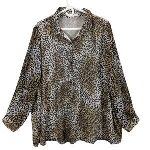 August Mist Shirt Womens 2X Plus Button Front Cheetah Animal Print Sheer lined